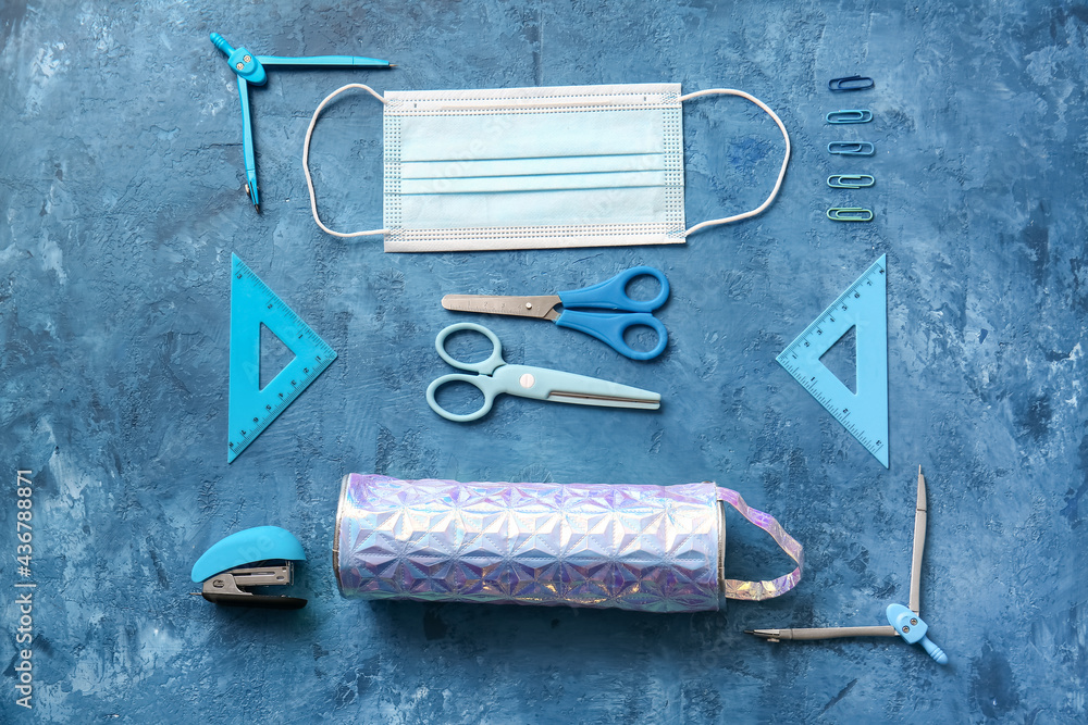 Set of stationery on color background