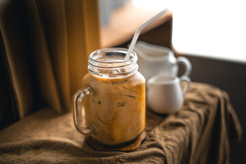 Iced coffee iced latte on table in home