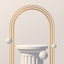 White Podium Like A Classic Column For Product Presentation. Podium Stage With Golden Arches And White Faceted Spheres. Minimal Scene With Podium, Vector Illustration.