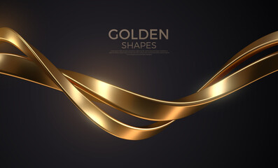 Abstract background with realistic golden metal shape. Fluid golden wave. Intertwined gold shapes. Vector 3d luxurious illustration.