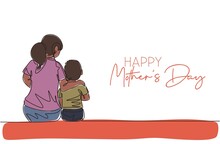 One Continuous Line Drawing Of Young Mother Siting With His Son Telling Good Story. Happy Mother's Day Concept. Greeting Card With Typography. Dynamic Single Line Draw Design Vector Illustration