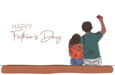 Wall Mural - One continuous line drawing of young father siting next to daughter and talking funny story. Happy father's day concept. Greeting card with typography. Single line draw design vector illustration