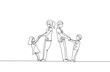 © Simple Line - One single line drawing of young mom and dad holding their son and daughter hand while dancing together at home vector illustration. Happy family parenting concept. Modern continuous line draw design