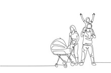 One Continuous Line Drawing Of Young Mom Pushing Baby Stroller At Park While Dad Carrying His Son On Shoulder. Happy Family Parenting Concept. Dynamic Single Line Draw Design Vector Illustration