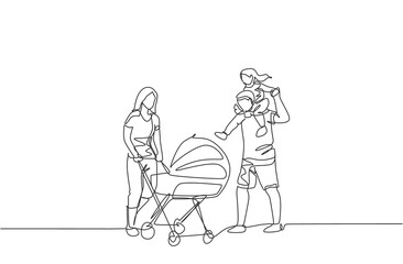 Wall Mural - One continuous line drawing of young mother pushing baby stroller at park while father carrying his son on shoulder. Happy family parenting concept. Dynamic single line draw design vector illustration