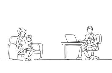 One single line drawing of young mom reading book to son and dad sitting on sofa and typing on laptop at home vector illustration. Happy family parenting concept. Modern continuous line draw design