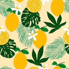 Wall Mural - Seamless pattern with lemons, exotic palm leaves. Flat minimalist cut out paper style.
