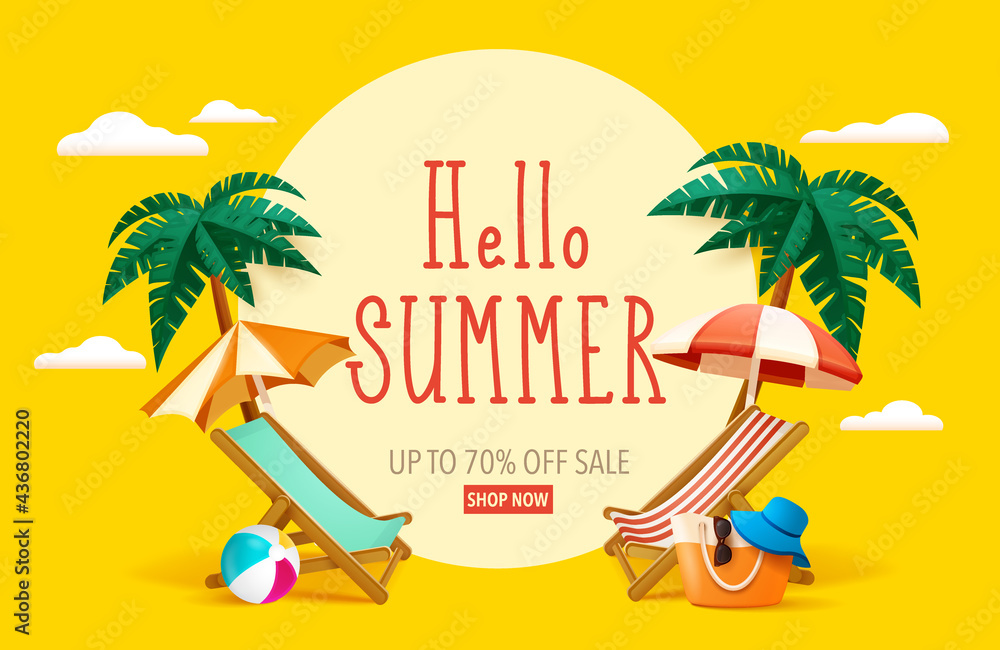 Hello summer! Summer beach vacation holiday theme with big sign. - obrazy, fototapety, plakaty 