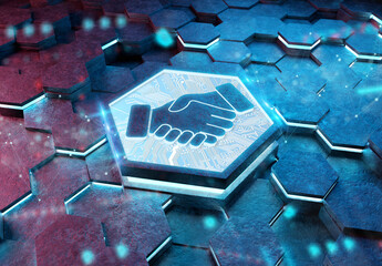 Sticker - Handshake icon concept engraved on metal hexagonal pedestral background. Partnership logo glowing on abstract digital surface. 3d rendering