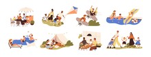 Set Of Happy Families With Children During Outdoor Recreation Activities On Summer Holidays. Parents And Kids Eating, Resting And Playing Together. Flat Graphic Vector Illustration Isolated On White