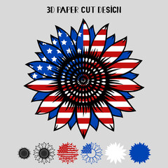 Wall Mural - 4th of July 3D Sunflower with USA flag. Vector patriotic symbol. Layered sunflower paper or laser cut template, printing on t-shirt,sublimation. For card, banner, flyer. Independence Day.