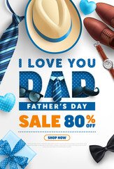 Father's Day Sale poster or banner template with Men Hat,Necktie and gift box on blue.Greetings and presents for Father's Day in flat lay styling.Promotion and shopping template for love dad concept