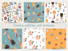 Vector Set Of Seamless Patterns With Mermaids