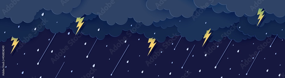 Rain thunder lightning and clouds in the paper cut style. Vector storm weather concept with falling water drops from the cloudy night sky and flash. Storm papercut background horizontal banner. - obrazy, fototapety, plakaty 