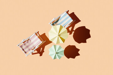 Beach chairs with umbrella on orange background, top view