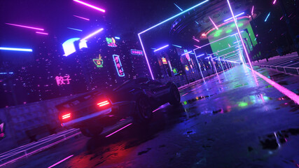 Wall Mural - Car and city in neon style. 80s retro wave background 3d illustration. Retro futuristic car drive through neon city.