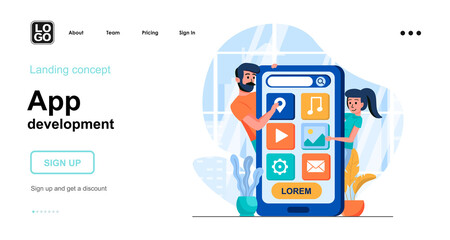 App development web concept. Team working on program interface, optimizing software for smartphone. Template of people scenes. Vector illustration with character activities in flat design for website
