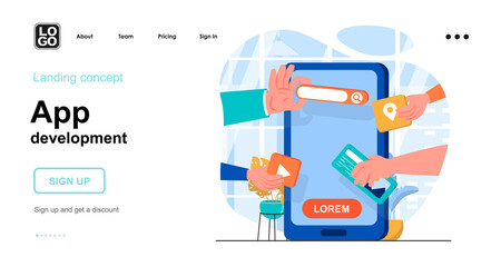 App development web concept. Developers create application interface, menu and service buttons. Template of people scenes. Vector illustration with character activities in flat design for website
