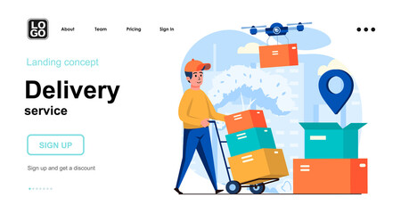 Aufkleber - Delivery service web concept. Drone delivers parcel, warehouse worker transports boxes with orders. Template of people scenes. Vector illustration with character activities in flat design for website