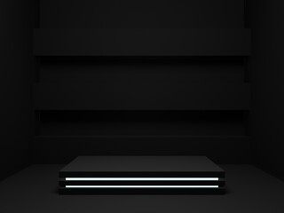 3D rendered black geometric stand mockup. Dark room background.
