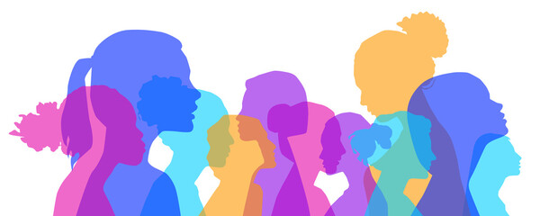 Wall Mural - Multiethnic women communicate, vector illustration. Female faces of diverse cultures in propfile