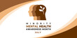 Minority Mental Health Awareness Month. Vector web banner for social media, poster, card, flyer. Text Minority Mental Health Awareness Month, July. Human head, a plant with leaves on white background.
