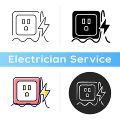 Wall Mural - Power surge icon. Brief overvoltage spikes. Unexpected electricity flow interruption. Equipment damage. Electrical fire risk. Linear black and RGB color styles. Isolated vector illustrations