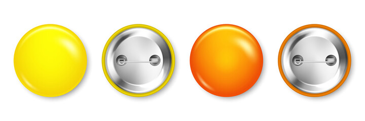 Realistic yellow and orange blank badges isolated on white background. Glossy 3D round button. Pin badge, brooch mockup for product promotion and advertising. Vector illustration.