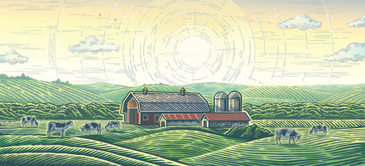 Wall Mural - Rural landscape with a farm and with herd cows, drawn in engraving style.