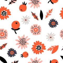 Wall Mural - Cute cartoon flowers and leaves seamles pattern. Colorful doodle hand drown flowers and leaves isolated on white background. Textile vector print design