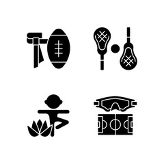 Poster - Summer camp activities black glyph icons set on white space. Flag football. Lacrosse. Kids yoga. Water polo. Non-contact sport. Body workout. Silhouette symbols. Vector isolated illustration