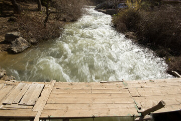 Poster - Riverside, waterfall, wooden bridge. Fast flowing waters.