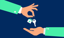 Vector Real Estate Concept In Flat Style - Hands Giving Keys - Sell House Icon