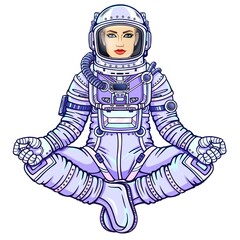 Wall Mural - Figure of a woman astronaut sitting in a Buddha pose. Meditation in space. Color drawing.  Vector illustration isolated on a white background. Print, poster, t-shirt, card.