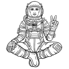 Wall Mural - Animation figure of the woman astronaut sitting in a Buddha pose. Meditation in space.  Vector illustration isolated on a white background. Be use for coloring booke. Print, poster, t-shirt, card.