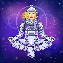 Wall Mural - Figure of a woman astronaut sitting in a Buddha pose. Meditation in space. Color drawing. Background - the night star sky. Vector illustration.  Print, poster, t-shirt, card.
