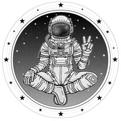 Wall Mural - Animation figure of the astronaut sitting in Buddha pose. Meditation in space. Background - the night sky, a circle of stars. Vector illustration isolated. Print, poster, t-shirt, card.