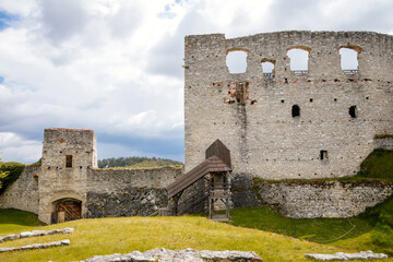 Stone gothic ruins of old medieval castle Rabi in National Park Sumava, ancient fortress in sunny spring day, landmark in countryside, stronghold on the hill, Rabi, Czech Republic