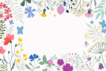 Wall Mural - Floral border, decorative frame with meadow flowers and plants, white background