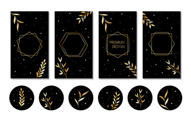 Wall Mural - Vector stories templates and highlight cover icons for social media. Abstract black backgrounds with golden leaves for instagram bloggers
