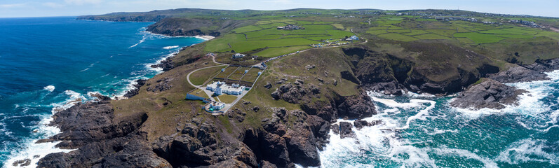 Pendeen lighthouse aerial drone cornwall england uk penwith