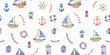 Watercolor seamless hand drawn nautical pattern with vessels, ships, sailboat, anchors, wheel , lifebuoys, coastal houses, garlands of flags. Cute sea background for boys isolated on white background.
