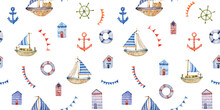 Watercolor Seamless Hand Drawn Nautical Pattern With Vessels, Ships, Sailboat, Anchors, Wheel , Lifebuoys, Coastal Houses, Garlands Of Flags. Cute Sea Background For Boys Isolated On White Background.