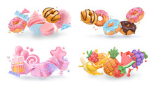 Sweet Objects 3d Vector Cartoon. Cupcake, Donuts, Cake, Fruits