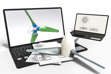 3D Render Image Of A Two Laptops With A Turbine Propeller Representing Computer Aided Design In Electric Turbine