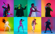 © master1305 - Singers againts dancers. Portrait of group of people on multicolored background in neon light, collage.