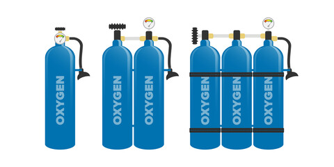 swimming air cylinder set. blue compressed natural oxygen cylinder isolated on white.