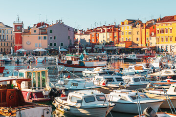 Wall Mural - Cozy and quiet town of Rovinj with beautiful colorful houses on the Istrian peninsula, Adriatic sea at sunset