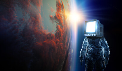 Wall Mural - astronaut with tv head in space. mixed media.