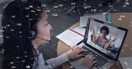 Sticker - Composition of network of connections over businesswoman on laptop video call